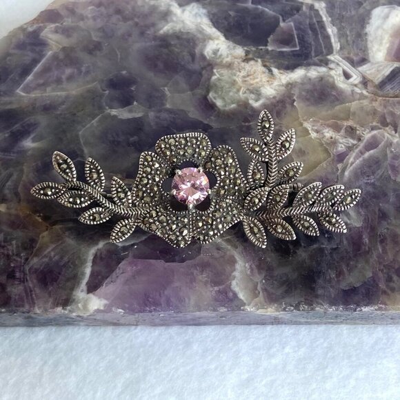 VTG Sterling Silver 925 Marcasite & Round Pink CZ Flower Leaf Foliage Brooch - Picture 11 of 16